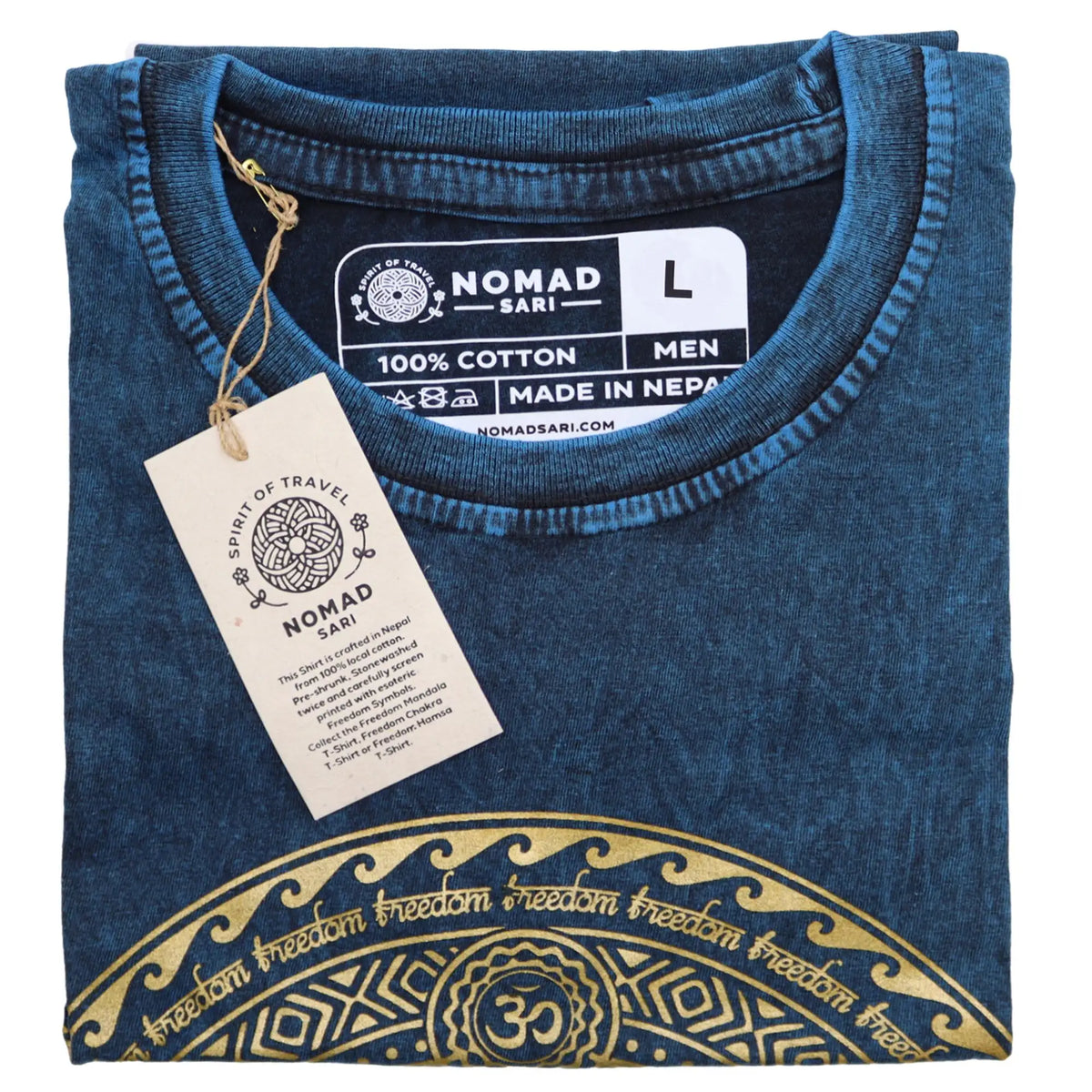 Nomad Sari Stonewashed Cotton T-Shirt  Hamsa  Blue  Large