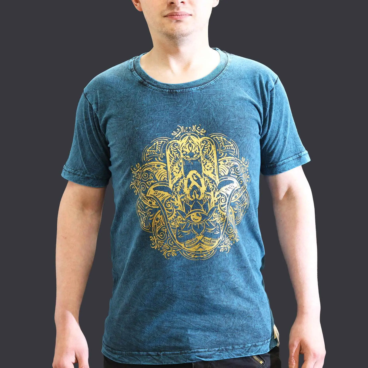 Nomad Sari Stonewashed Cotton T-Shirt  Hamsa  Blue  Small