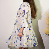 Nomad Sari Evil Eye Dress  White, Blue & Gold  Size L/XL