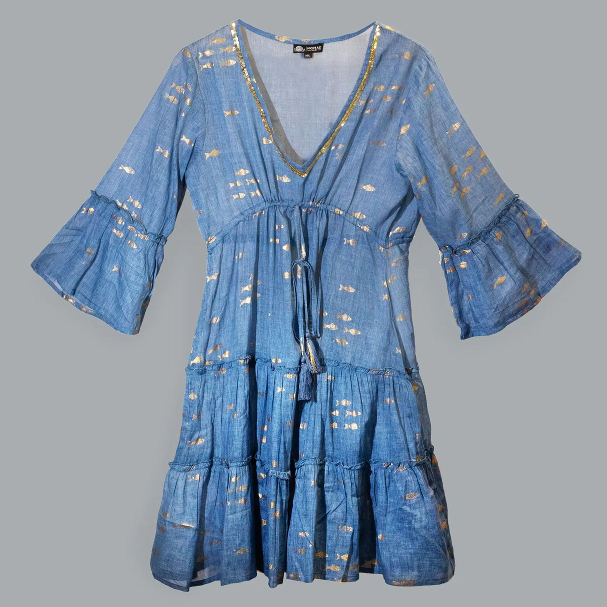 Nomad Sari Sea Blue & Gold Fish Print Dress (L/XL)