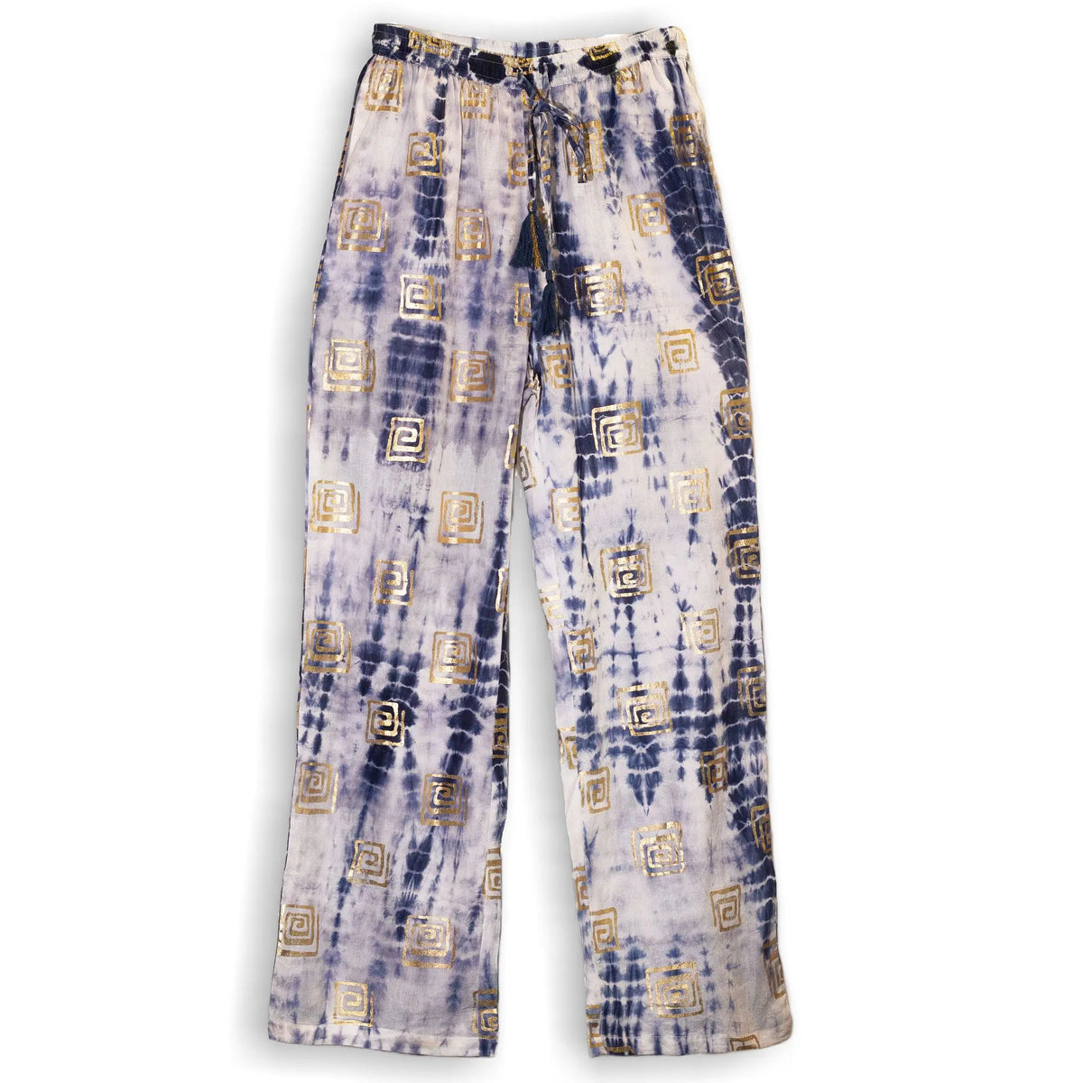 Nomad Sari Lounge Pants (M/L)  Blue Tie-Dye with Gold Greek Motif