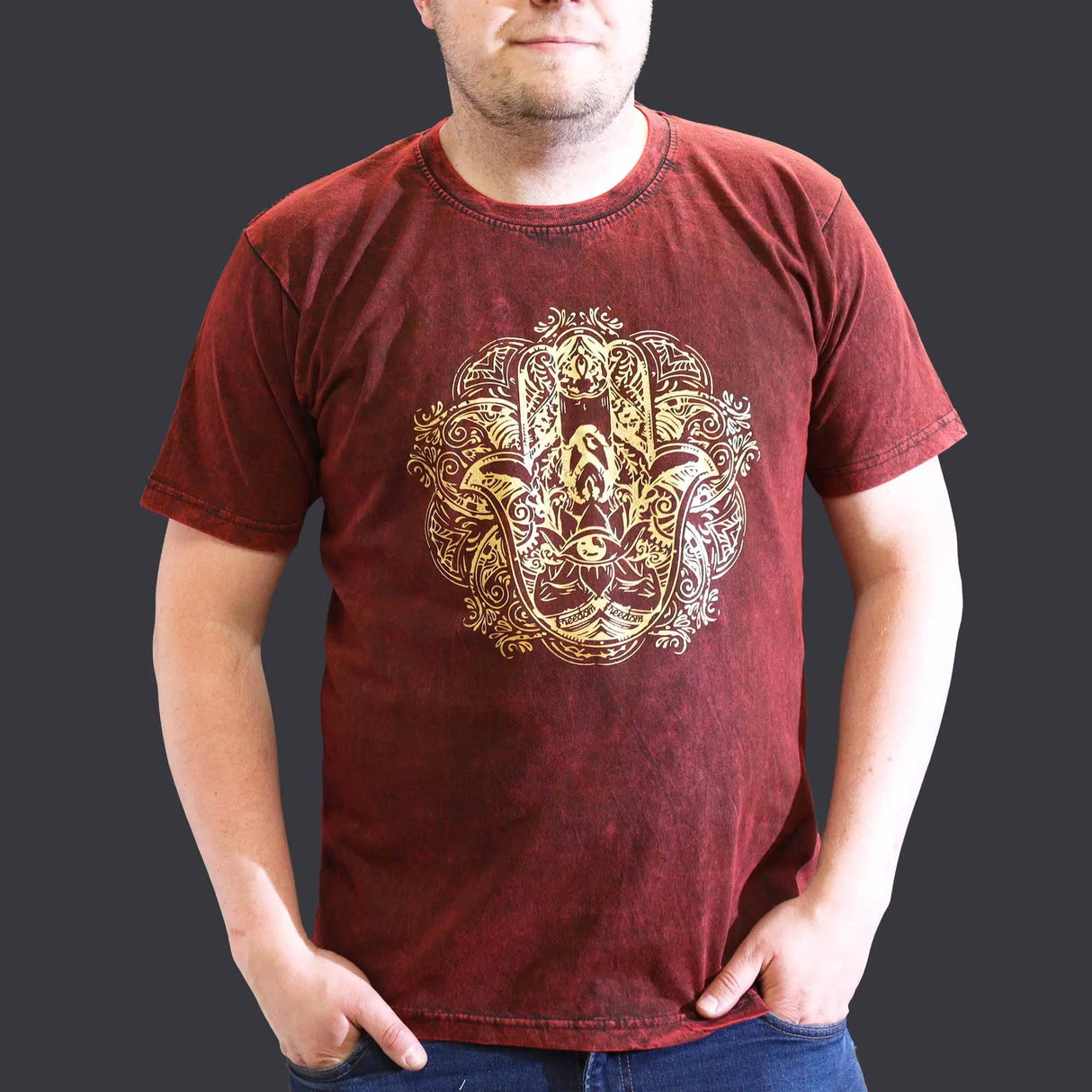 Nomad Sari Stonewashed Cotton T-Shirt  Hamsa  Maroon  XL