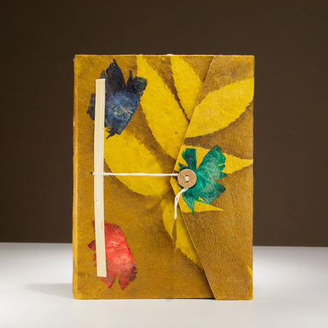 Lokta Bold Floral Notebook  Large (21x15cm)  45 Leaves  Includes Bookmark  Mustard Brown