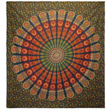 Double Cotton Bedspread + Wall Hanging - Peacock Mandala - Green