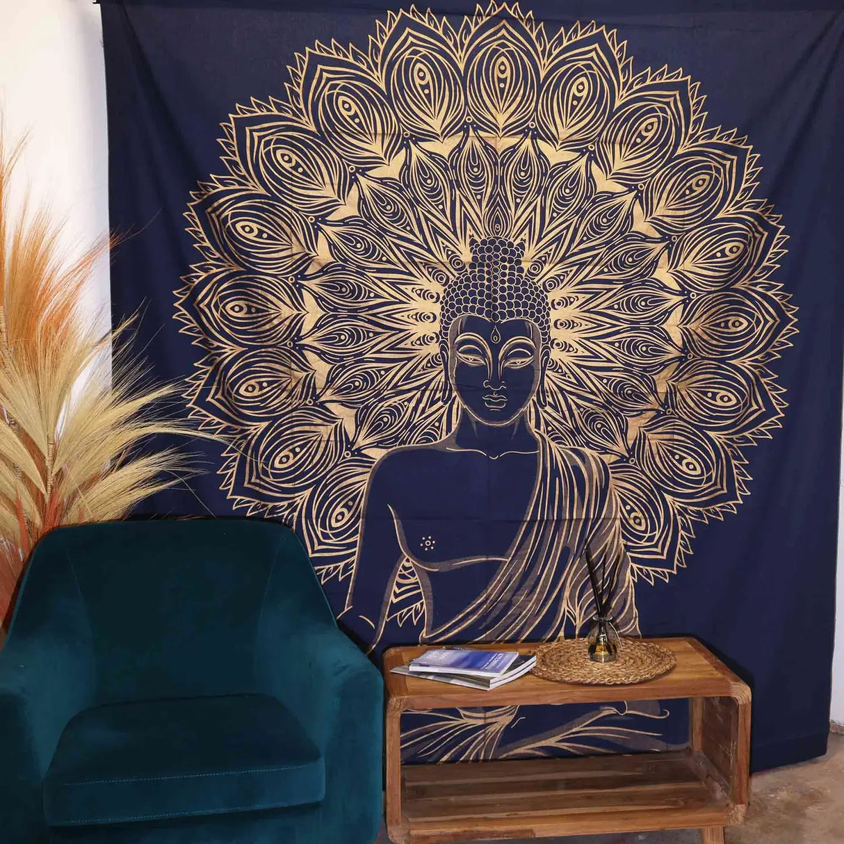 Double Cotton Bedspread + Wall Hanging - Buddha - Blue Gold