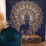 Double Cotton Bedspread + Wall Hanging - Buddha - Blue Gold
