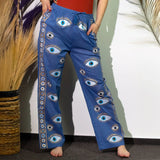 Nomad Sari Lounge Pants (L/XL)  Rich Blue with Hand-Painted Gold Evil Eye Design