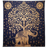 Double Cotton Bedspread + Wall Hanging - Elephant & Tree - Blue Gold