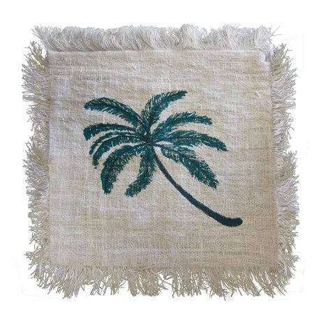 Linen Cushion Cover 60x60cm Palm Tree  with Fringe