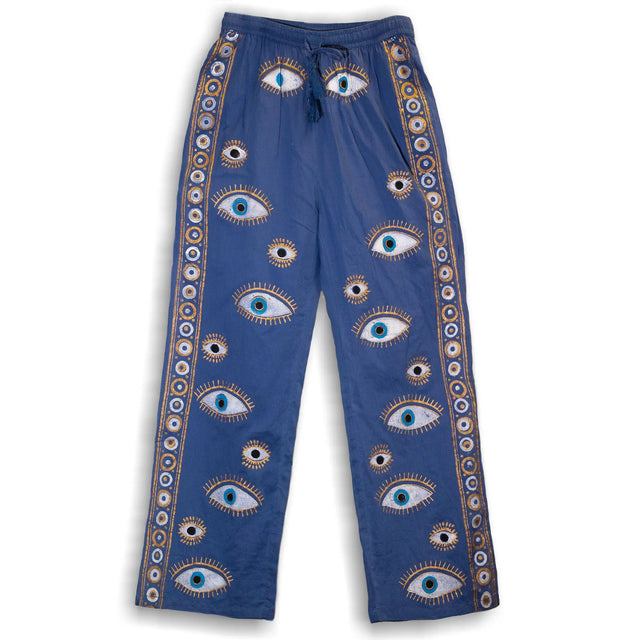 Nomad Sari Lounge Pants (M/L)  Rich Blue with Hand-Painted Gold Evil Eye Design