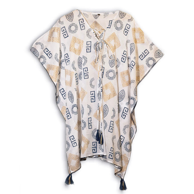 Nomad Sari Kaftan  Blue & Gold Greek Motif Print