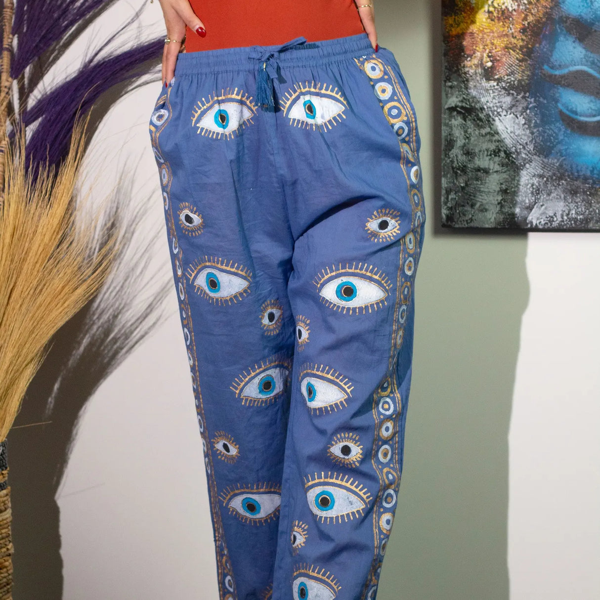 Nomad Sari Lounge Pants (L/XL)  Rich Blue with Hand-Painted Gold Evil Eye Design