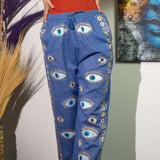 Nomad Sari Lounge Pants (L/XL)  Rich Blue with Hand-Painted Gold Evil Eye Design