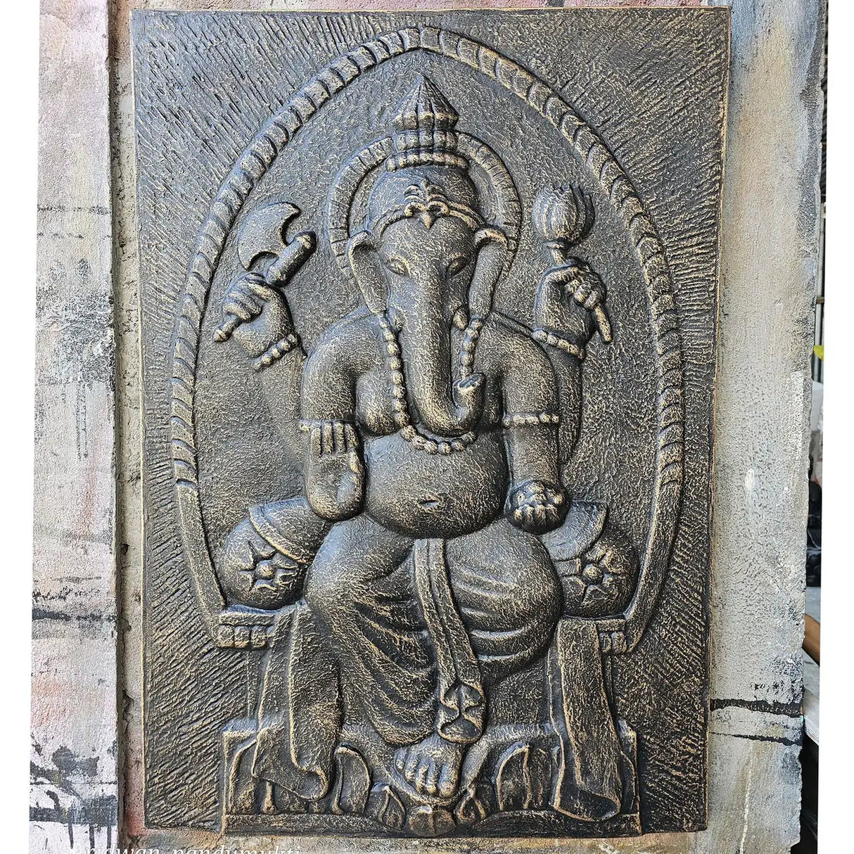 Large Ganpati Iron Frame Antique Gold Relief- 0.7x1m