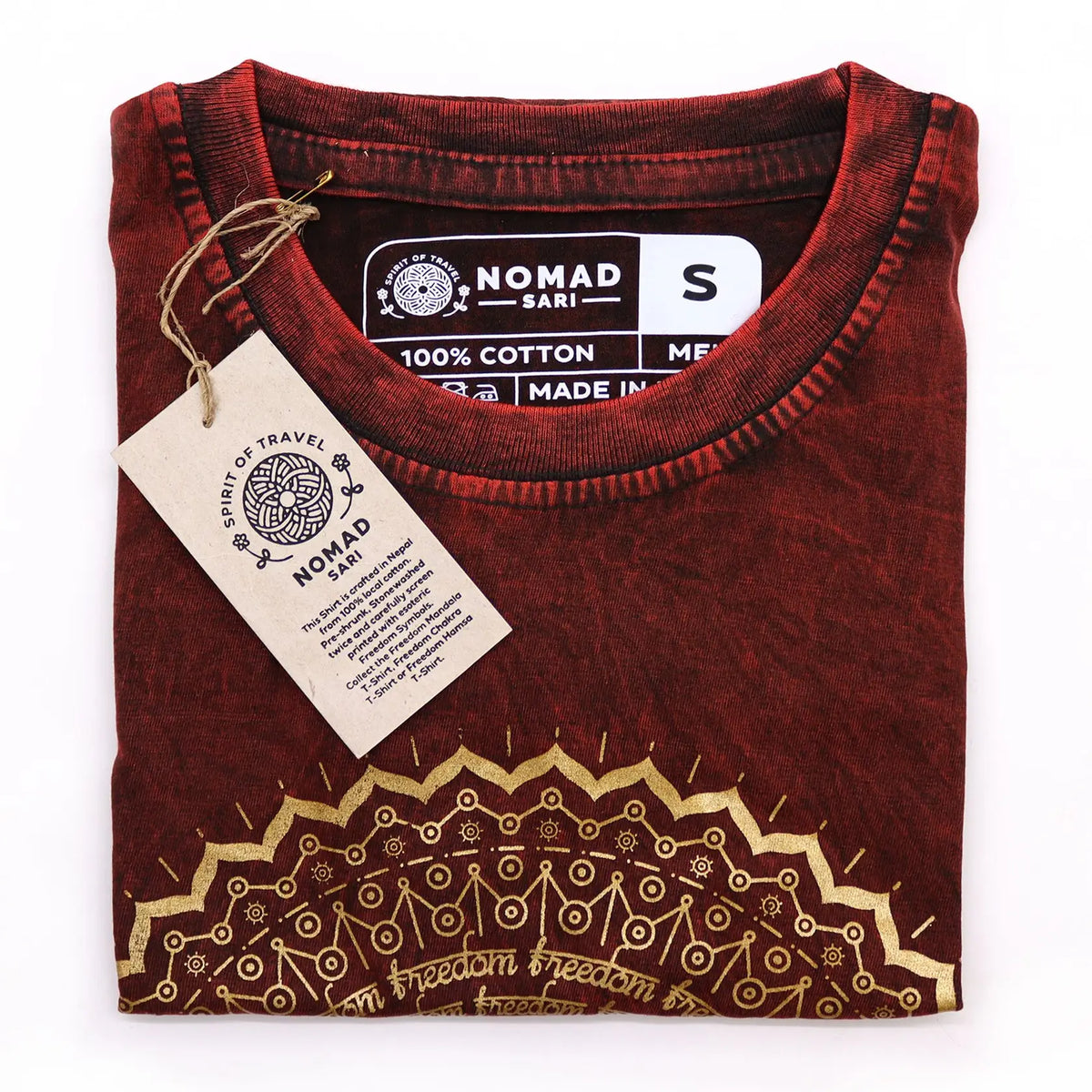 Nomad Sari Stonewashed Cotton T-Shirt  Mandala  Maroon  Small