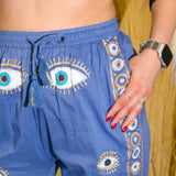 Nomad Sari Lounge Pants (L/XL)  Rich Blue with Hand-Painted Gold Evil Eye Design