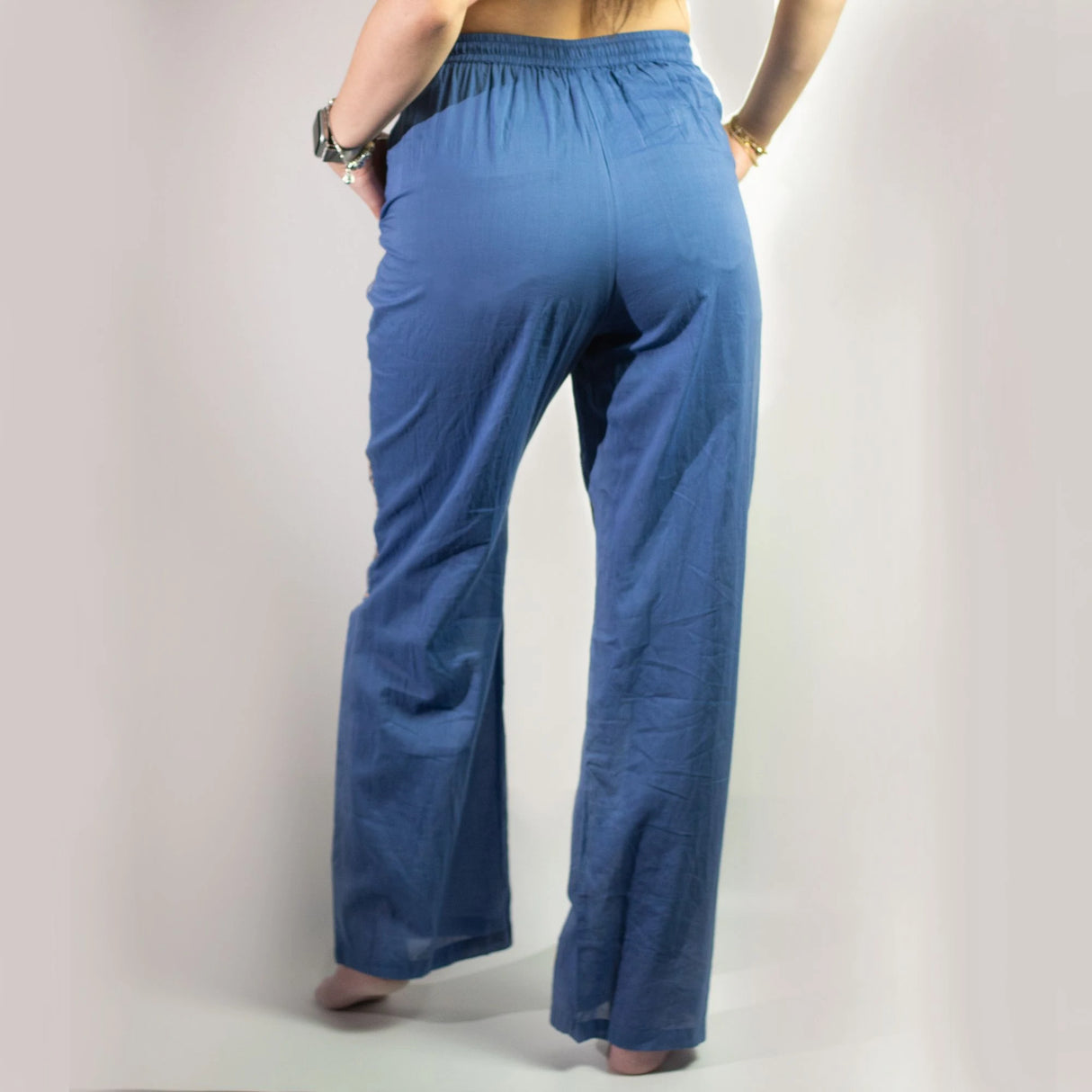 Nomad Sari Lounge Pants (L/XL)  Rich Blue with Hand-Painted Gold Evil Eye Design