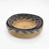 Straw & Seagrass Tray Baskets - Natural Green & Blue- Set of 3