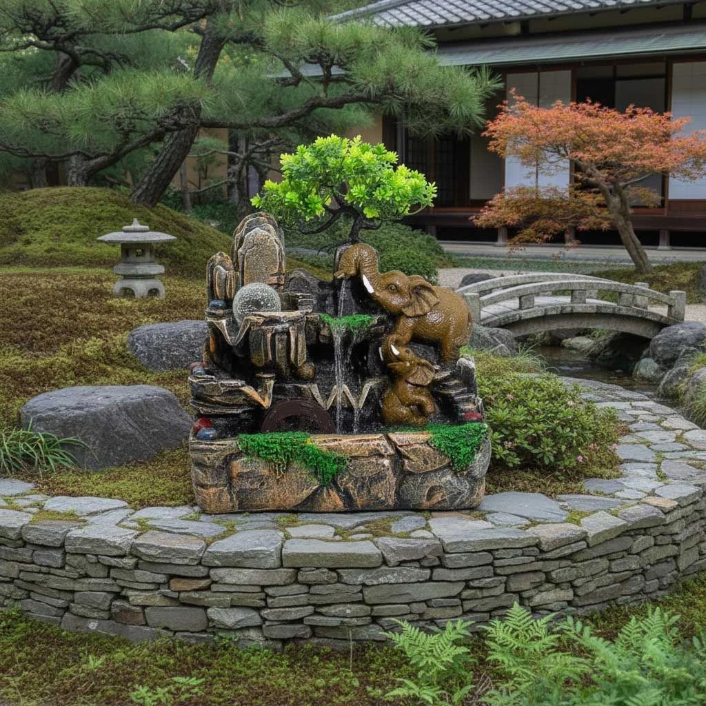 Elephants in Love Tabletop Water Feature with Crystal Ball, Light & Watermill (30x20x35cm)