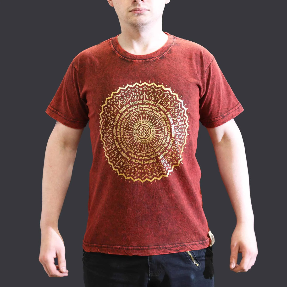 Nomad Sari Stonewashed Cotton T-Shirt  Mandala  Maroon  Small