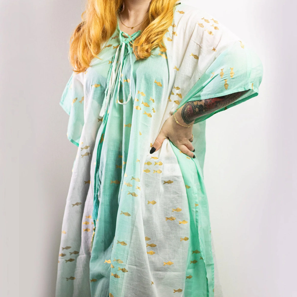 Nomad Sari Kaftan  White & Turquoise with Gold Fish Print