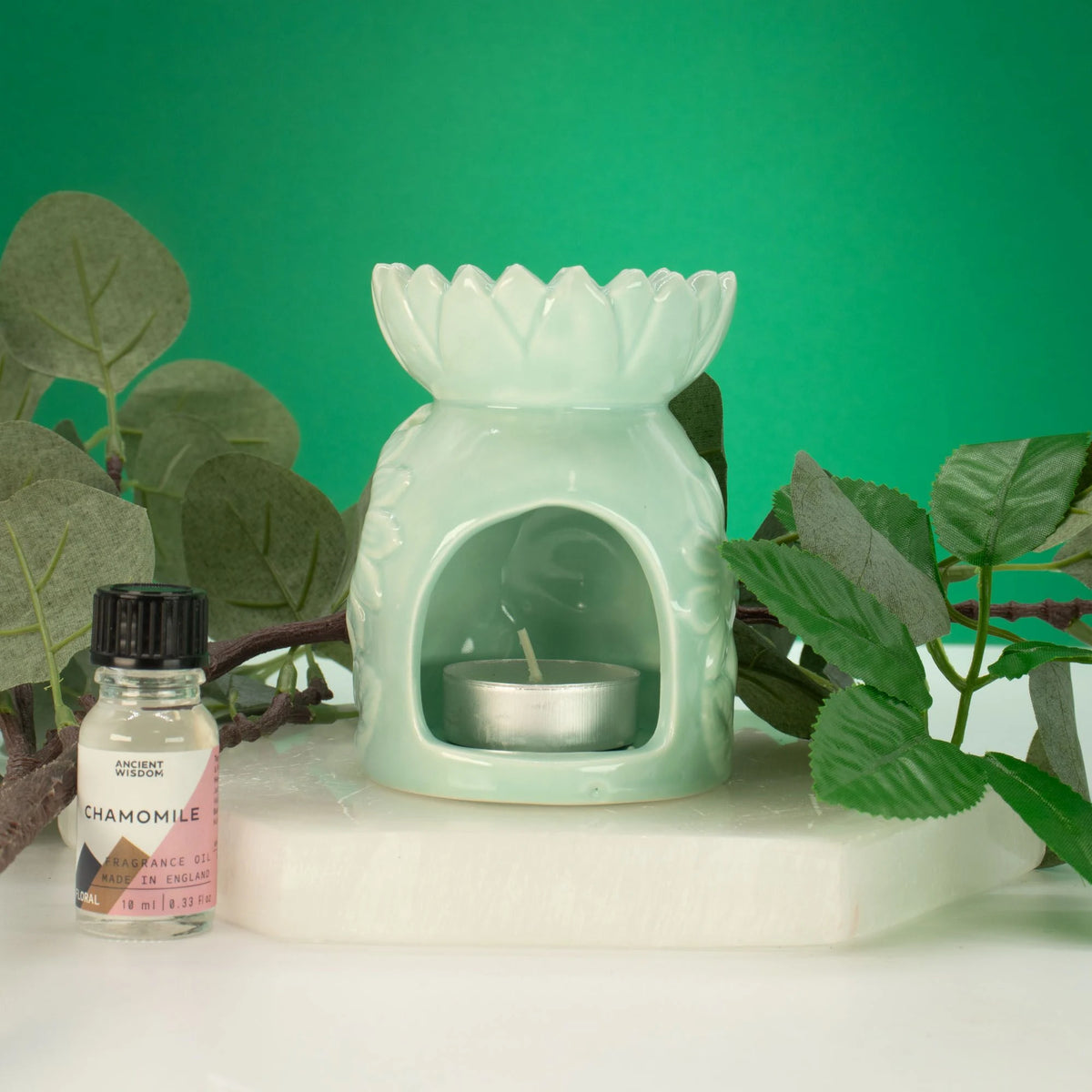 Ceramic Sunflower Oil Burner - Pastel Green