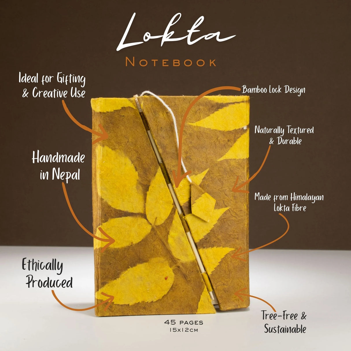 Lokta Bold Floral Bamboo Lock Notebook  Medium (15x12cm)  45 Leaves  Mustard Brown