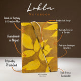 Lokta Bold Floral Bamboo Lock Notebook  Medium (15x12cm)  45 Leaves  Mustard Brown
