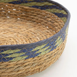 Straw & Seagrass Tray Baskets - Natural Green & Blue- Set of 3
