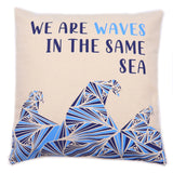Printed Cotton Cushion Cover - We are Waves - Grey, Blue and Natural