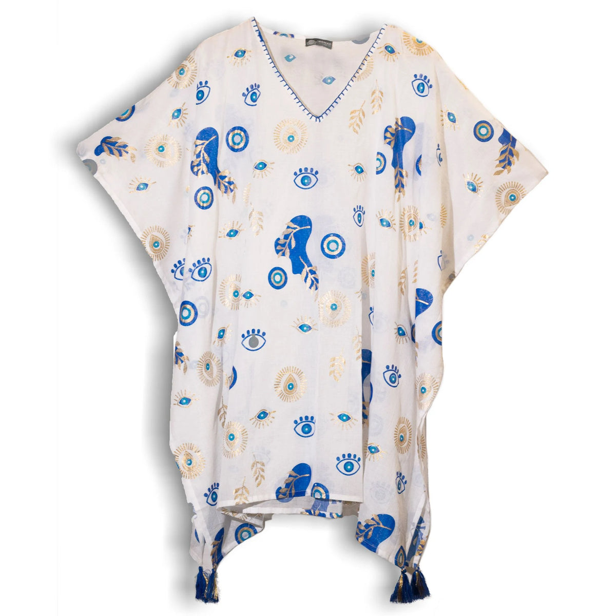 Nomad Sari Kaftan  White with Blue & Gold Evil Eye Print
