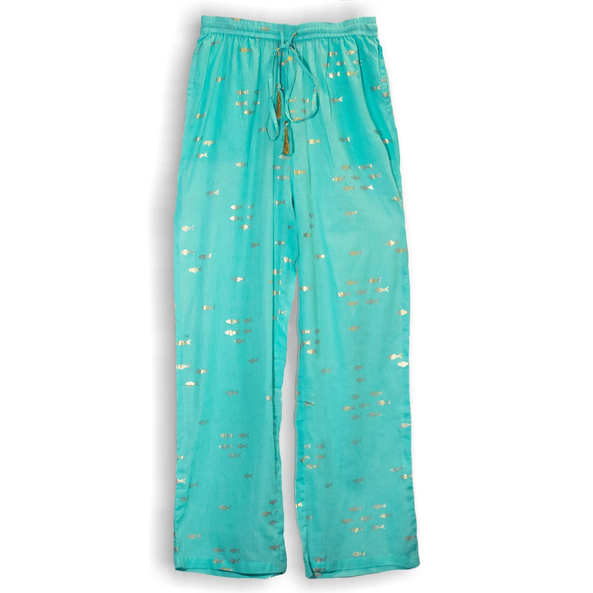Nomad Sari Lounge Pants (L/XL)  Turquoise with Hand-Painted Gold Fish Design