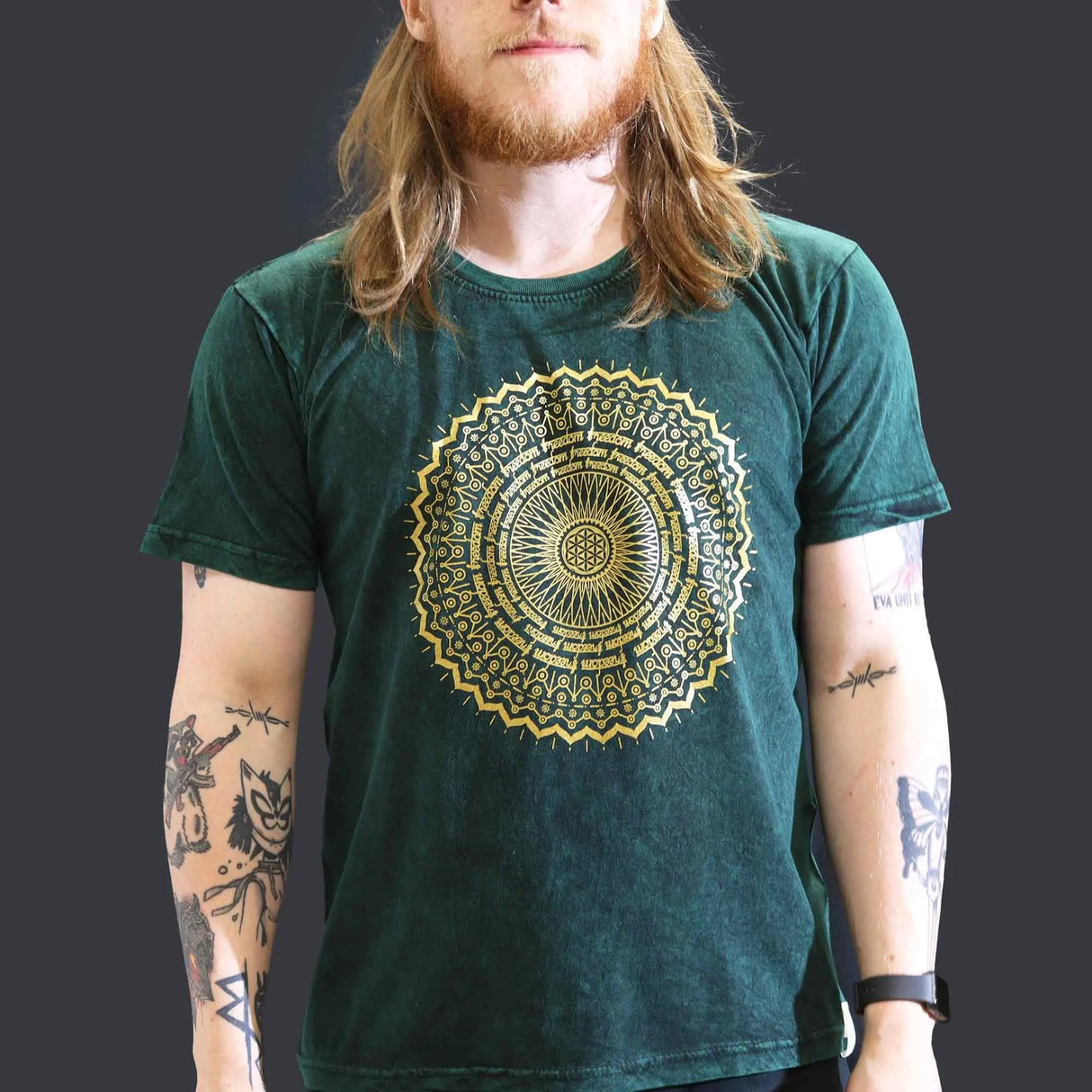 Nomad Sari Stonewashed Cotton T-Shirt  Mandala  Green  Large