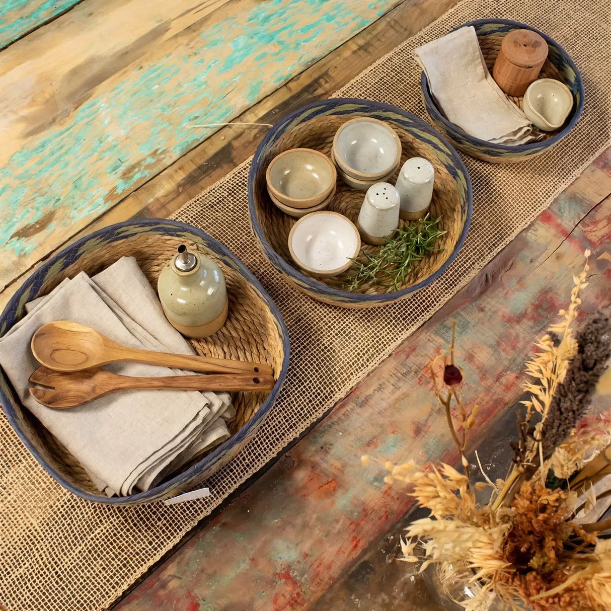 Straw & Seagrass Tray Baskets - Natural Green & Blue- Set of 3
