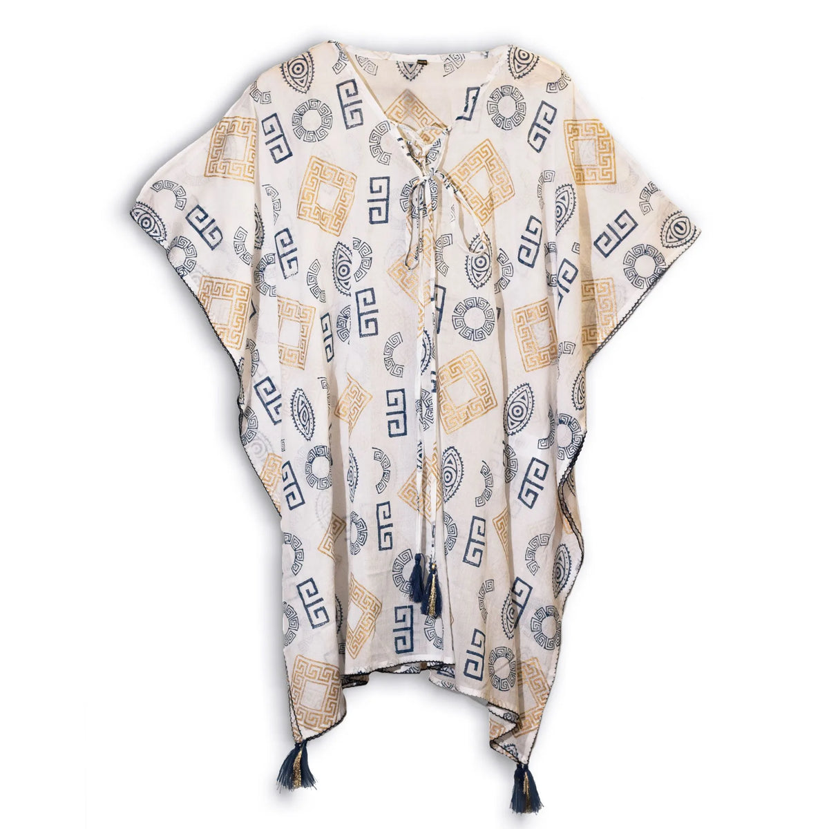 Nomad Sari Kaftan  Blue & Gold Greek Motif Print