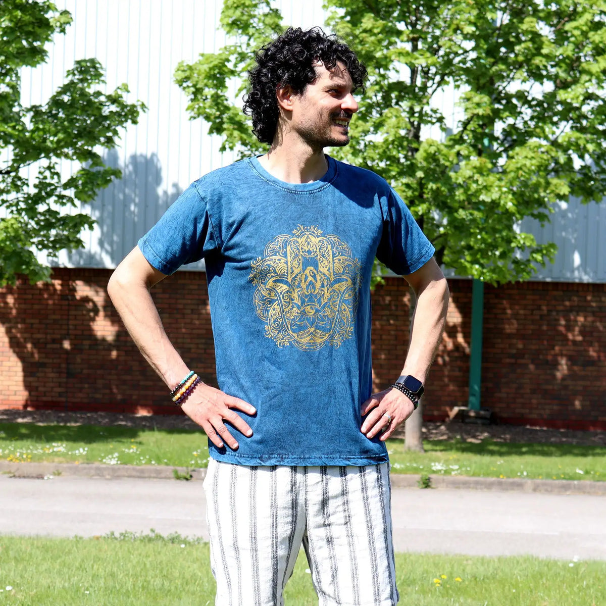 Nomad Sari Stonewashed Cotton T-Shirt  Hamsa  Blue  Medium