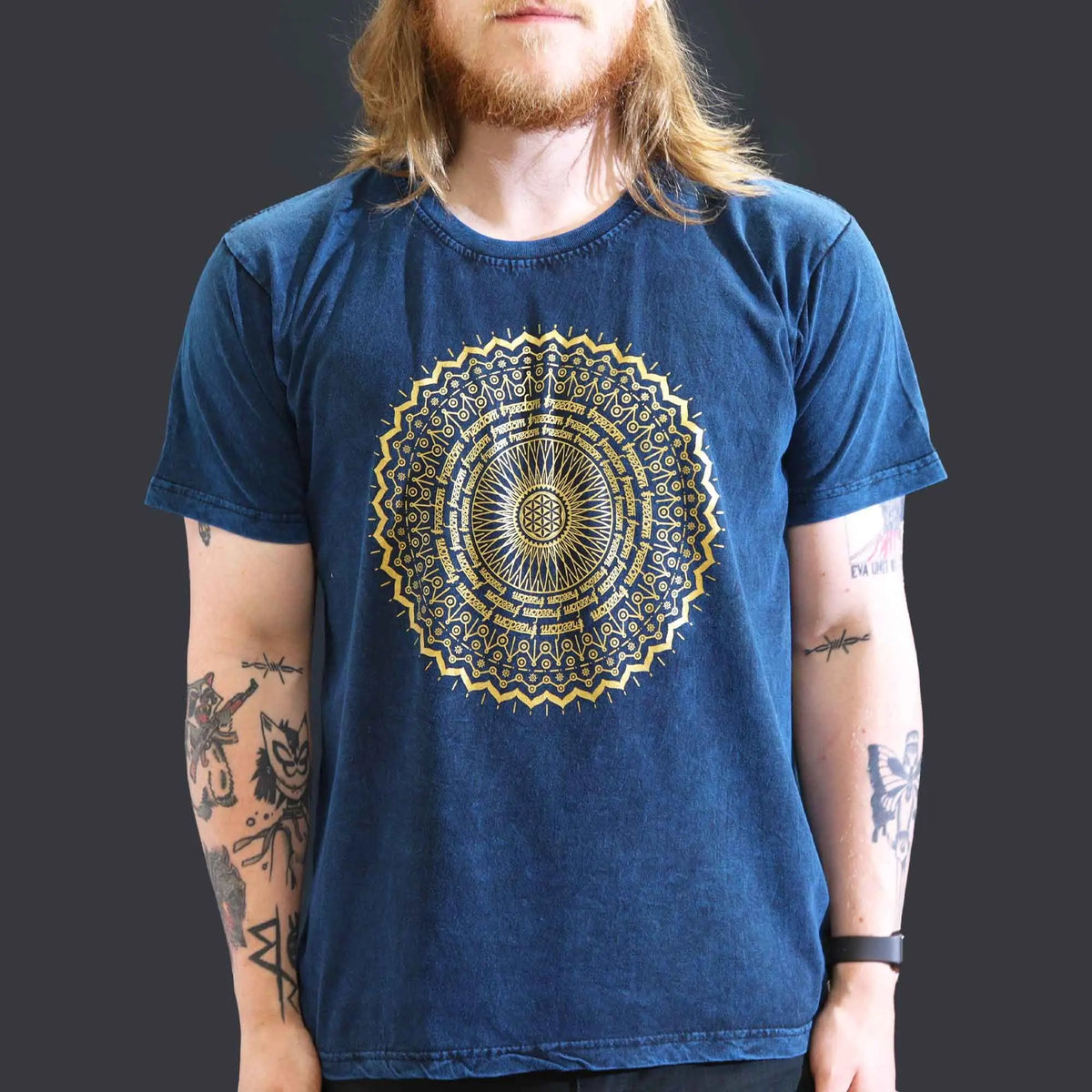Nomad Sari Stonewashed Cotton T-Shirt  Mandala  Blue  Large
