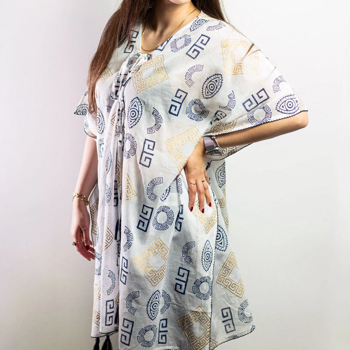 Nomad Sari Kaftan  Blue & Gold Greek Motif Print