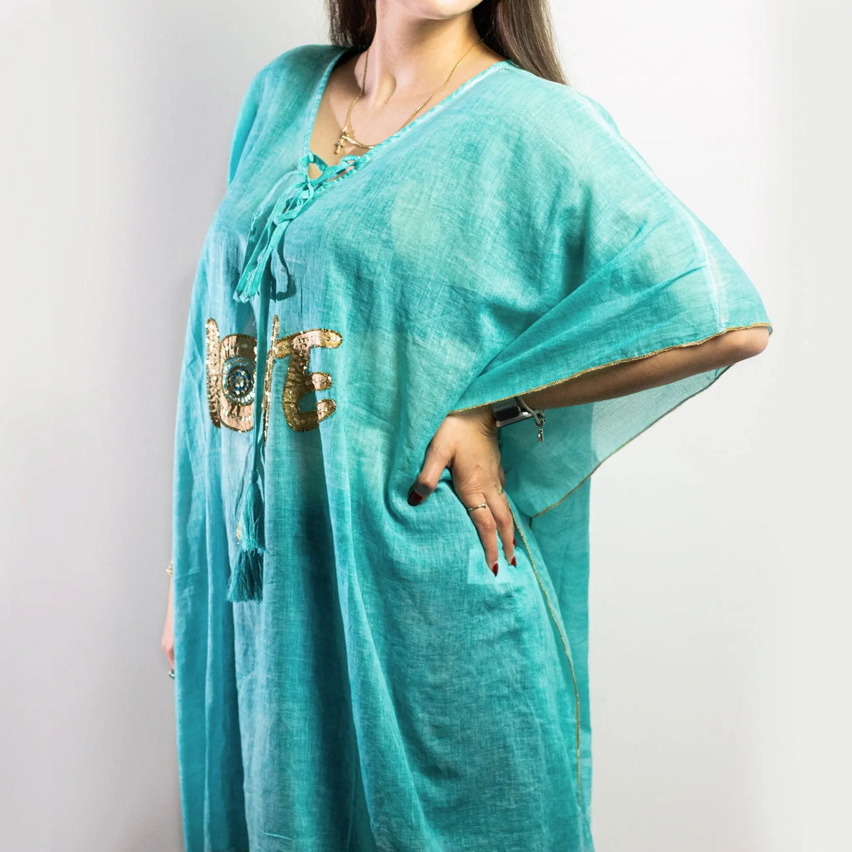 Nomad Sari Kaftan  Turquoise & Gold LOVE Motif