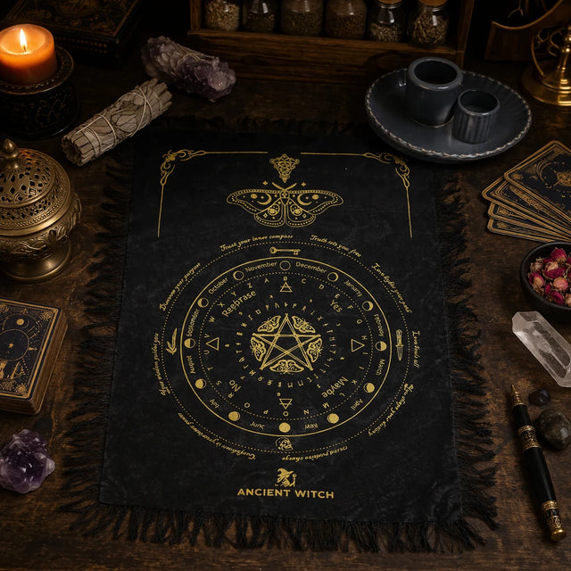 Ancient Witch Pendulum Divination Cloth - Mystic Moth - Black & Gold