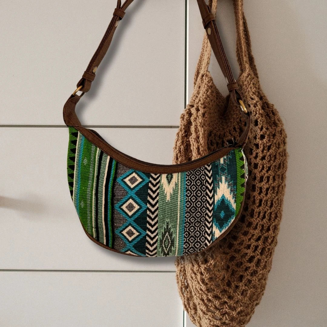 Jacquard Hobo Bag - Bold Greens (brown strap)