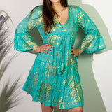 Nomad Sari Turquoise & Gold Coral Print Dress (L/XL)