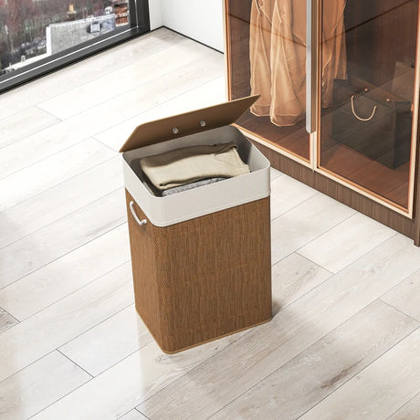 HOMCOM Bamboo Laundry Basket with Lid, 72L Laundry Hamper with Rope Handles, Washing Basket with Removable Washable Liner Bag for Bathroom, Bedroom, Brown