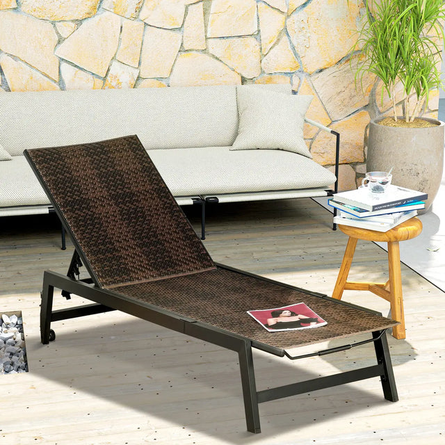 Outsunny Rattan Sun Lounger, with Five-Position Back - Brown/Black