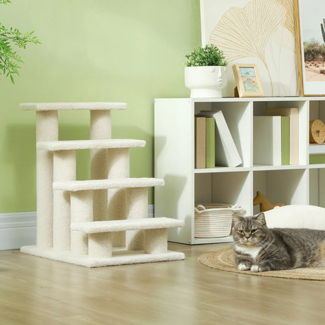 PawHut Dog Steps for Bed 4 Step Pet Stairs for Sofa Dog Cat Climb Ladder 63x43x60 cm Cream