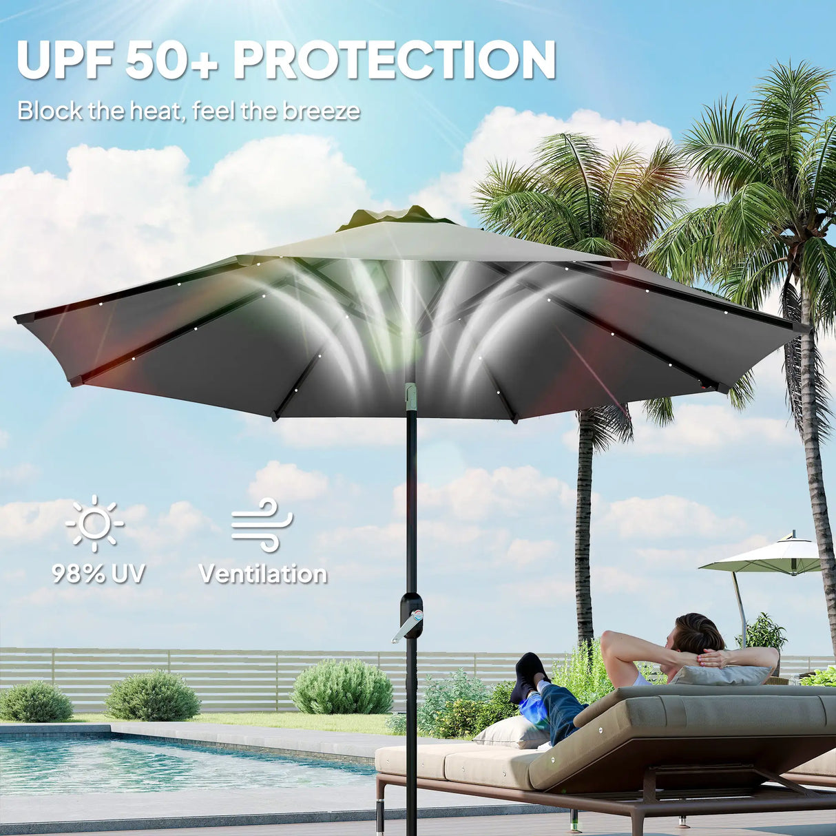 Outsunny 3 m Replacement Parasol Canopy with Top Vent, UPF 50+ Garden Parasol Replacement Canopy, 8 Rib Parasol Cover Replacement Fits Various Frames, Grey