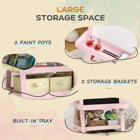 AIYAPLAY 3 in 1 Kids Easel Double-Sided Magnetic Whiteboard and Chalkboard with Paper Roll, Storage Baskets - Pink
