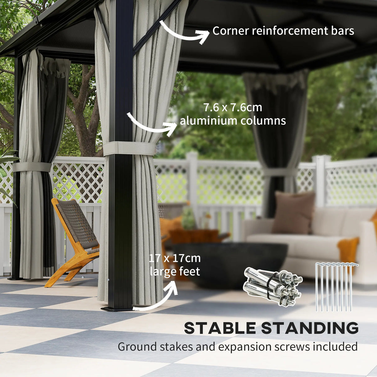 Outsunny 3 x 3(m) Hardtop Gazebo Canopy with UPF30+ Double Polycarbonate Roof, Aluminium Frame Garden Gazebo Permanent Pavilion with Mosquito Netting and Curtains for Patio, Deck, Grey