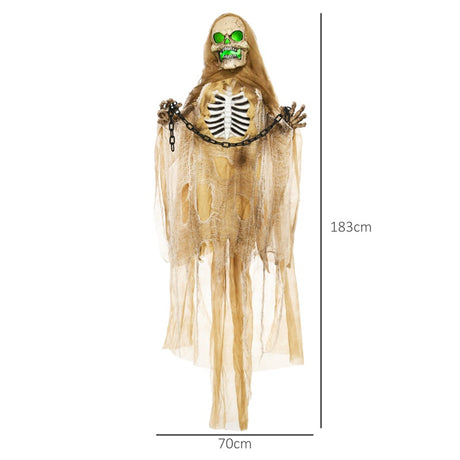 HOMCOM 6' Hanging Skeleton Ghost Halloween Animatronic, with Glowing Eyes and Chest