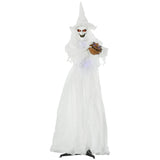 Outsunny 74 Inch Halloween Decorations White Witch Holding Pumpkin Head, Standing Skeleton Ghost Prop Life Size with Light Up Eyes and Body